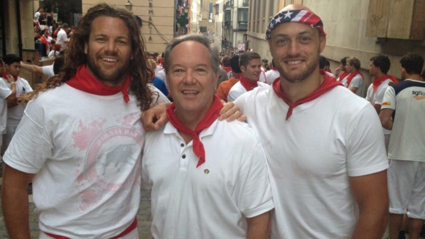 Todd Clever, left, and Scott LaValla, right, at the Running of the Bulls in Pamplona.