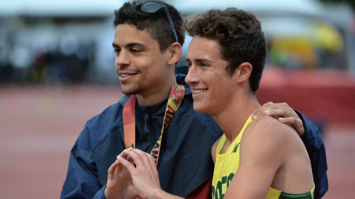 Austin Tamagno celebrates with World 1500m Champion Matt Centrowitz after winning the 800m at Arcadia.