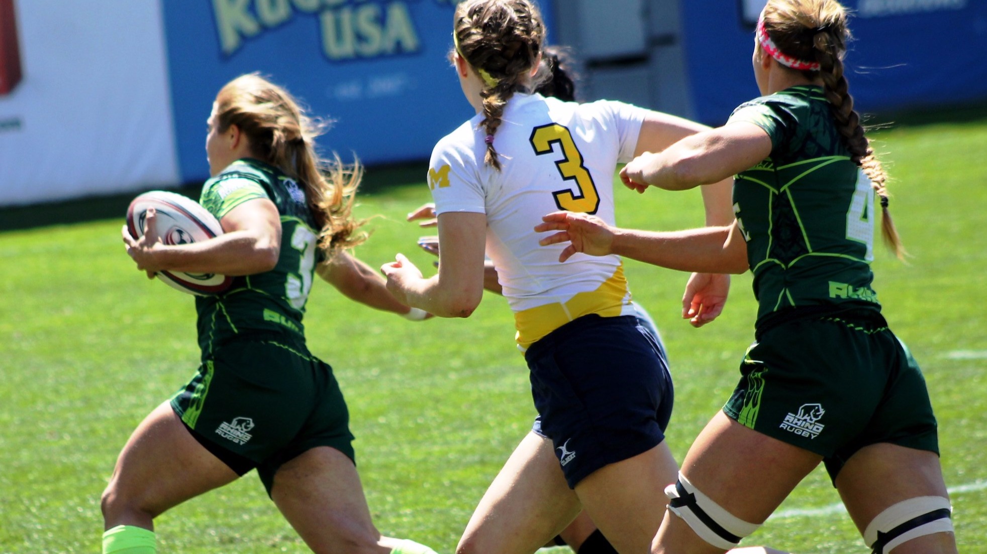Life University's Karissa Lacy breaks through against Michigan in the women's 7s championships May 21. Ary Shoppe photo.