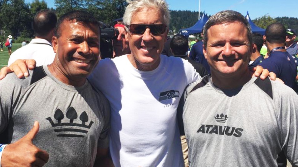 Left to right, rugby legend Waisale Serevi, Seattle Seahawks Head Coach Pete Carroll, and Atavus Football head Rex Norris.