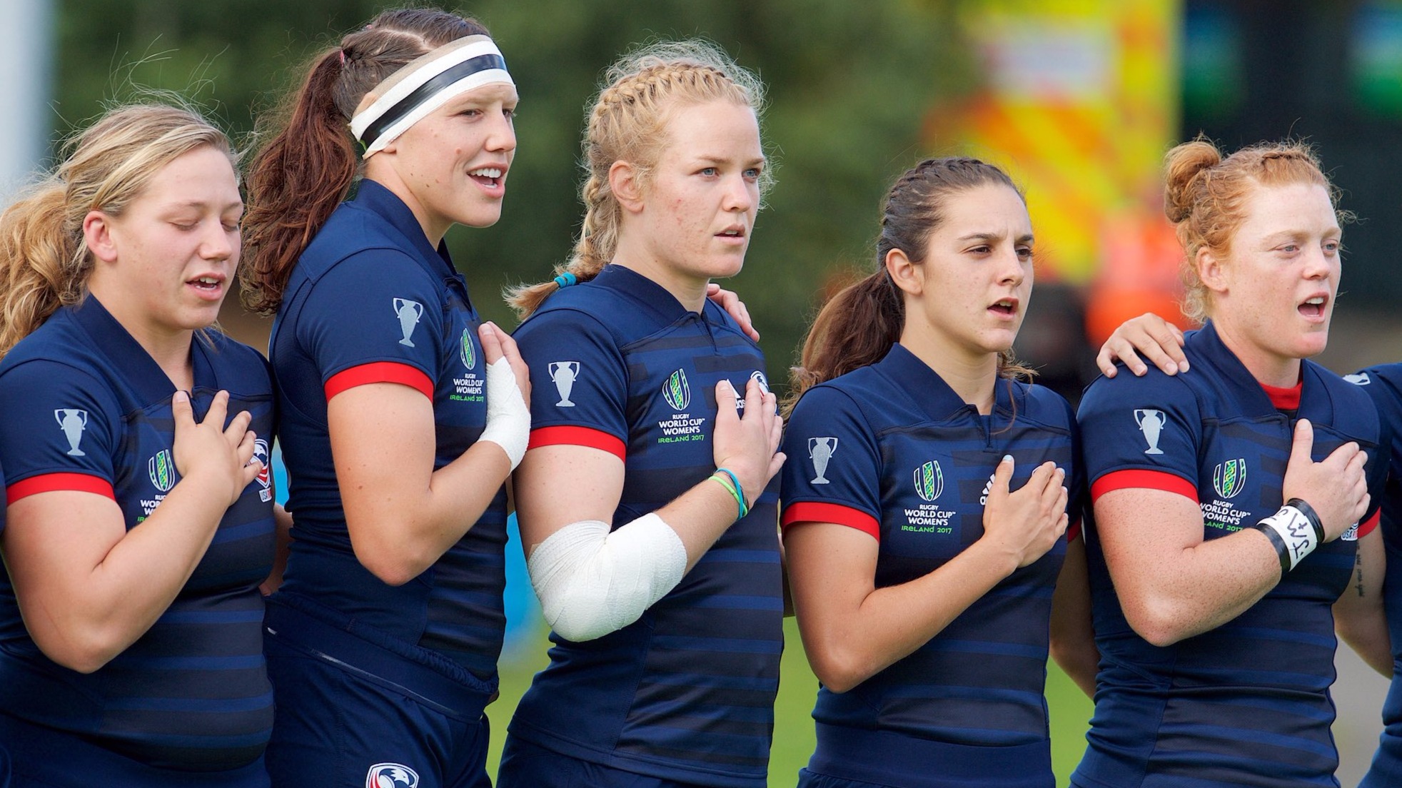 USA players sing the national anthem. Left to right Hope Rogers, Abby Gustaitis, Kristine Sommer, Kayla Canett-Oca, Alev Kelter. Ian Muir photo.